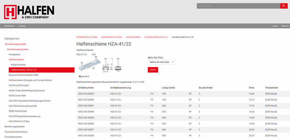 Halfen WebCatalog - Ansicht von Produktvarianten Halfen WebCatalog - Ansicht von Produktvarianten