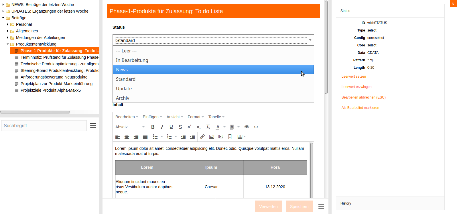 &Uuml;ber das Statusfeld wird der Beitrag als News einsortiert