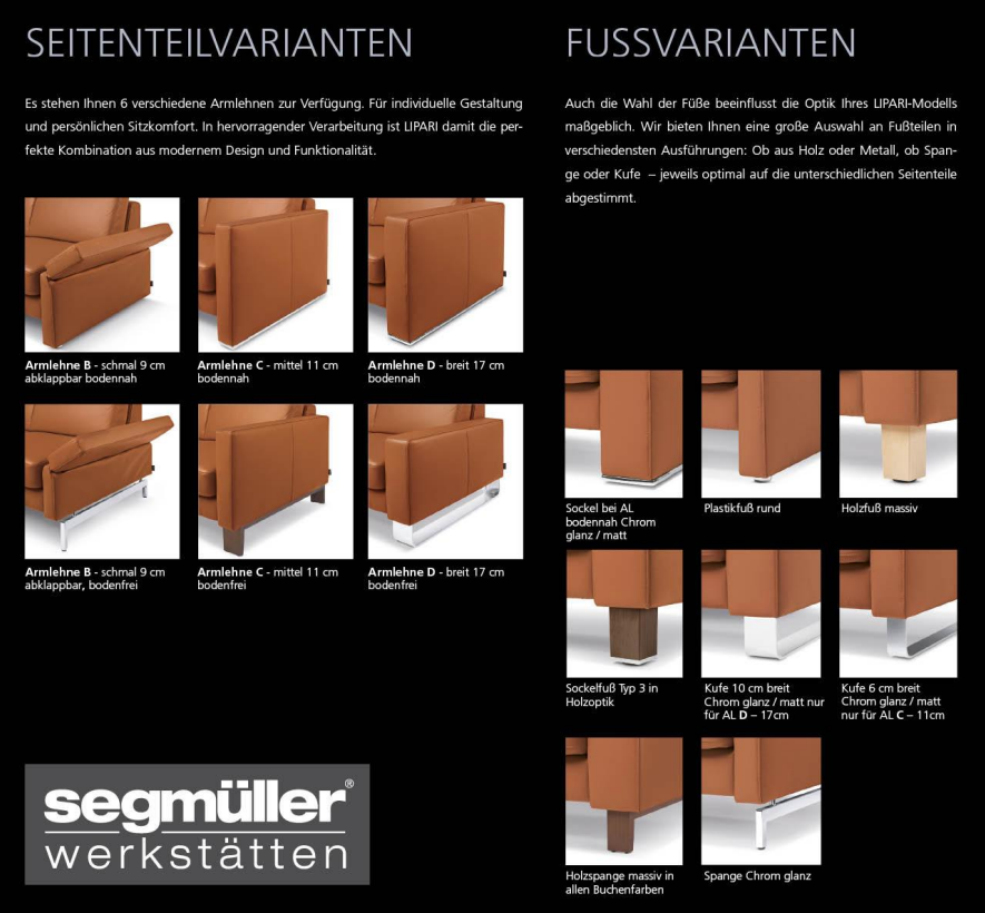 Seiten- und Fu&szlig;varianten des Sofas Lipari von Segm&uuml;ller